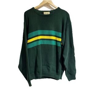 Eddie Bauer Men Large 100 Cotton Green Striped Sweater Vintage Crew Neck